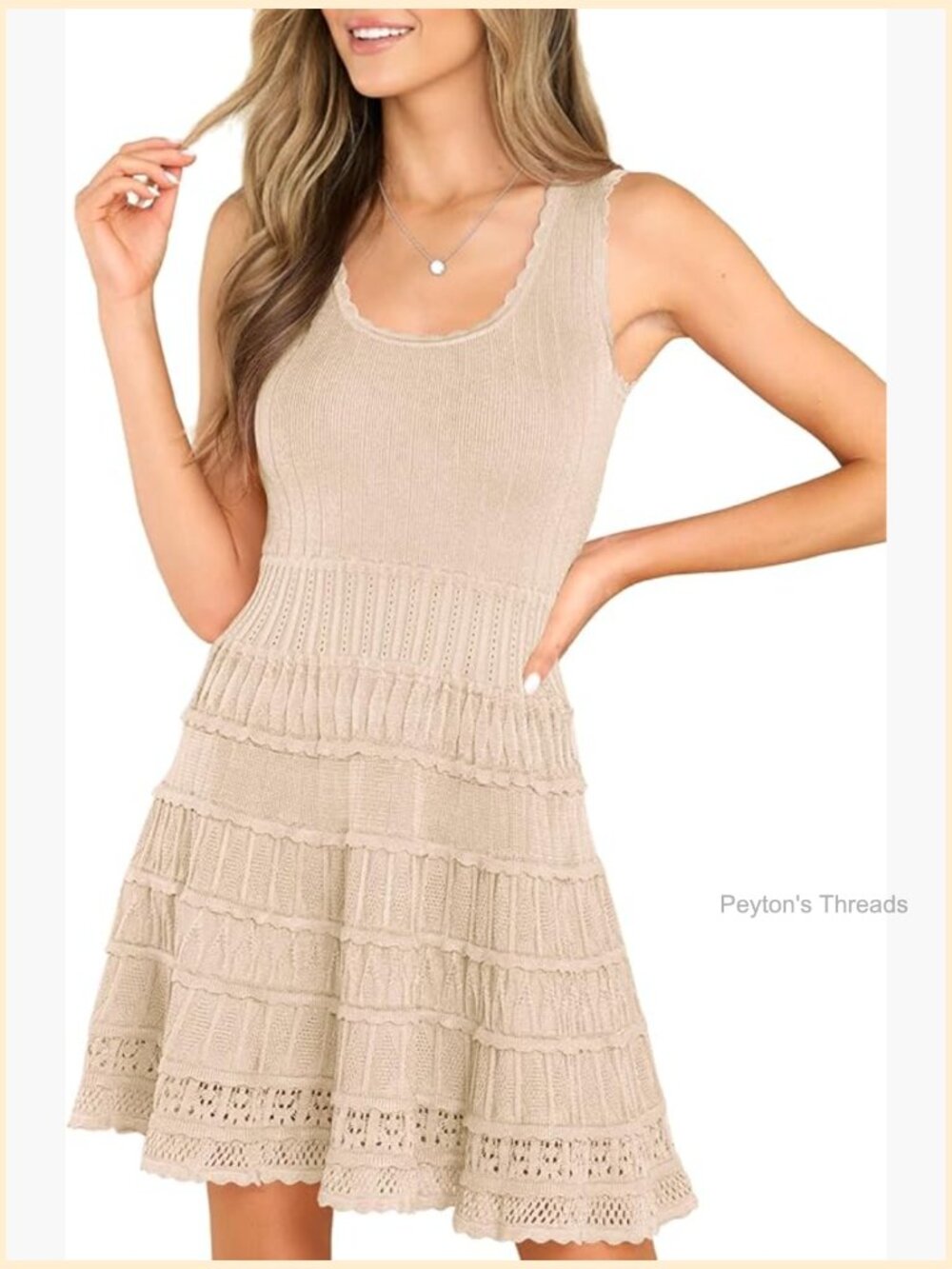 Women's Casual Crewneck Knitted Crochet Hem Flowy Tank Sundress